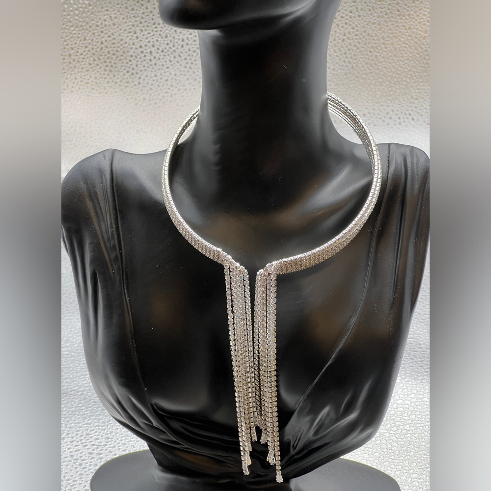 Silver Tone 5 Strand Rhinestone Dangle Choker Statement Necklace NEW (NWOT)